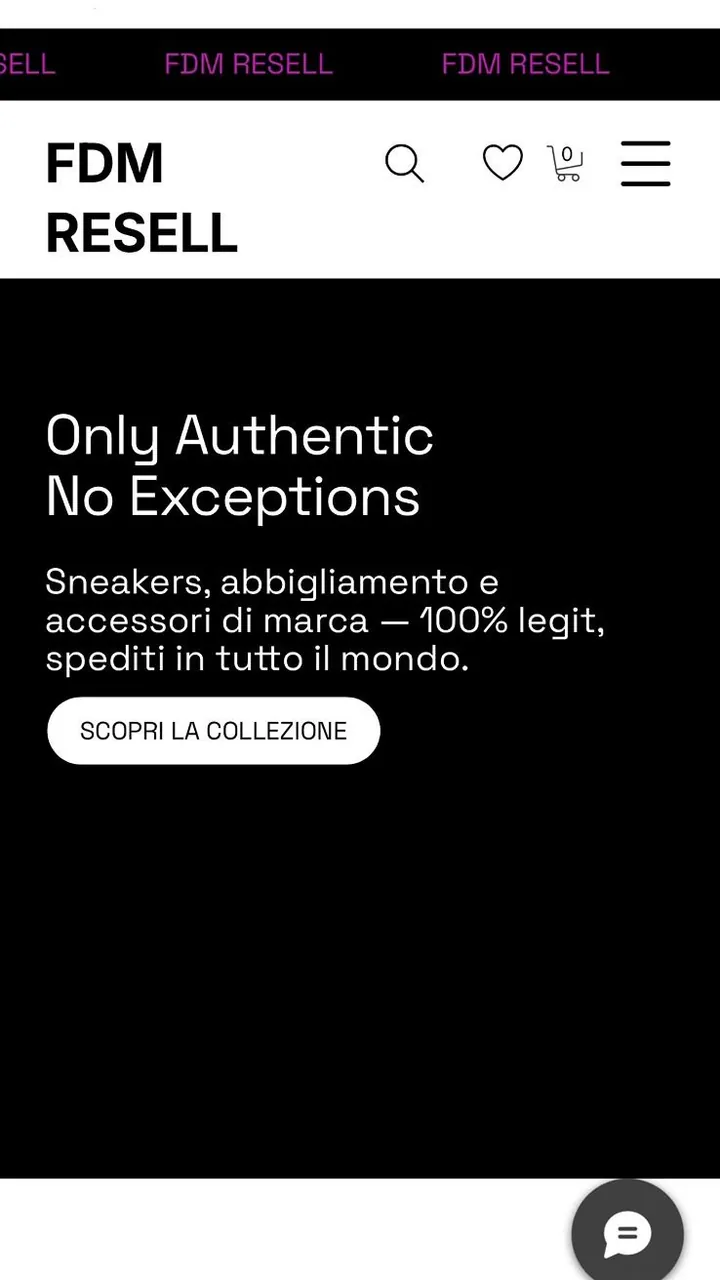 Il sito di FDM Resell da telefono: la home, «Only Authentic, No Exceptions»